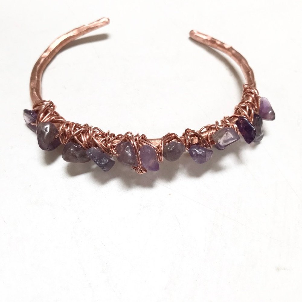 Genuine Amethyst Copper Gemstone Cuff Bracelet